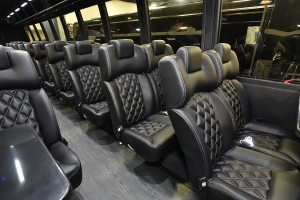 Custom Built Bus Seating in Black Leather with Diamond Inlay and Accent Stitching