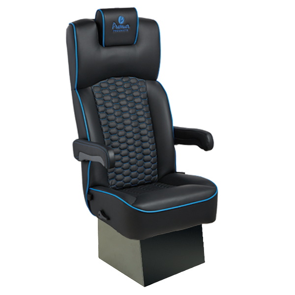 Shuttle seating black with blue piping and custom stitching