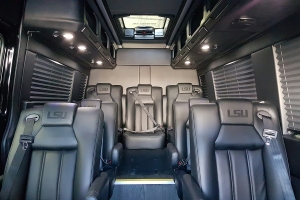 Custom Shuttle Seating in Black Leather with Embroidered Logos