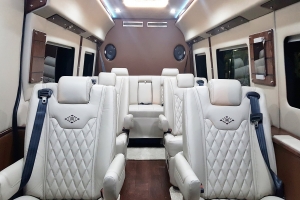 Luxurious Custom Built White Leather Sprinter Captain Chairs with Sofa Bench